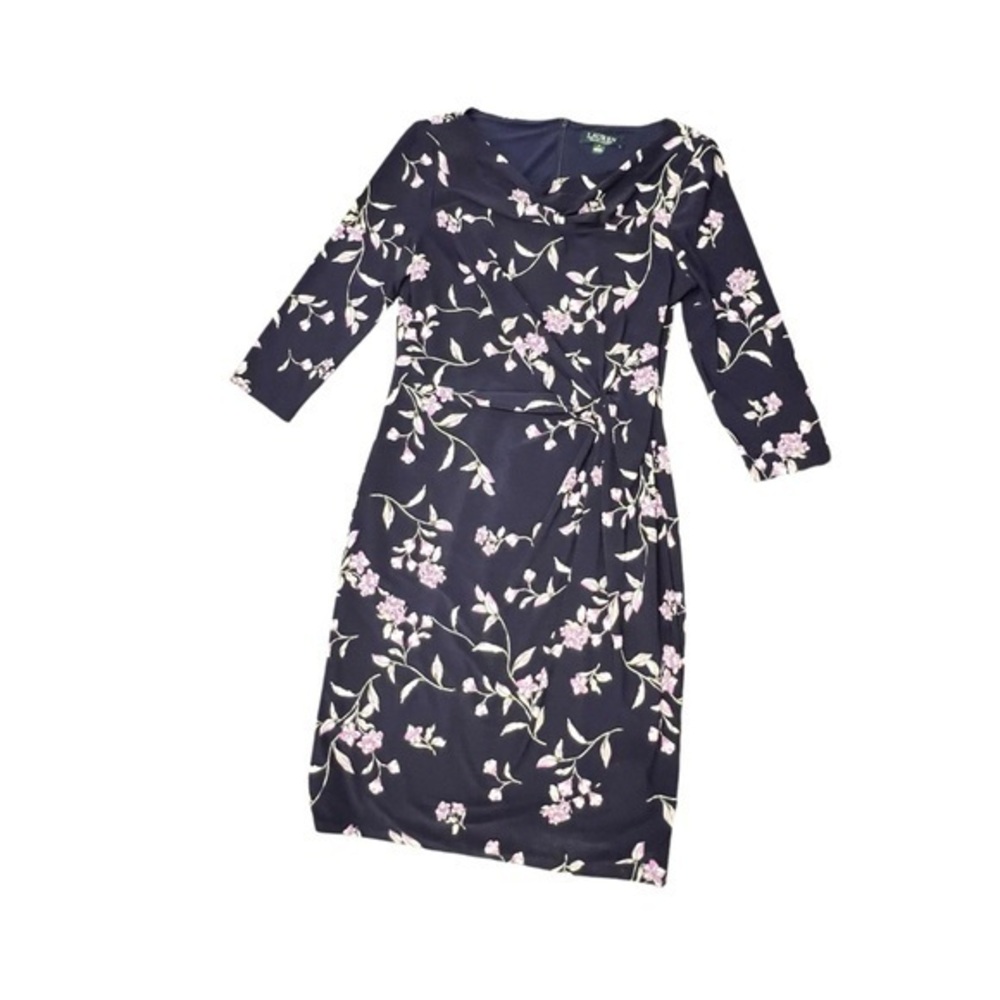 Lauren Ralph Lauren Faux‎ Wrap Midi Dress Cowl Neck Floral Blue White Size 8